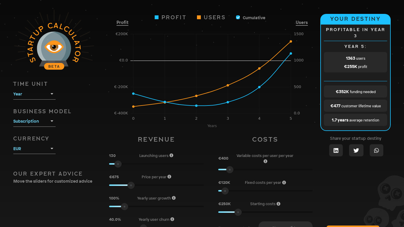 The Startup Calculator Landing page