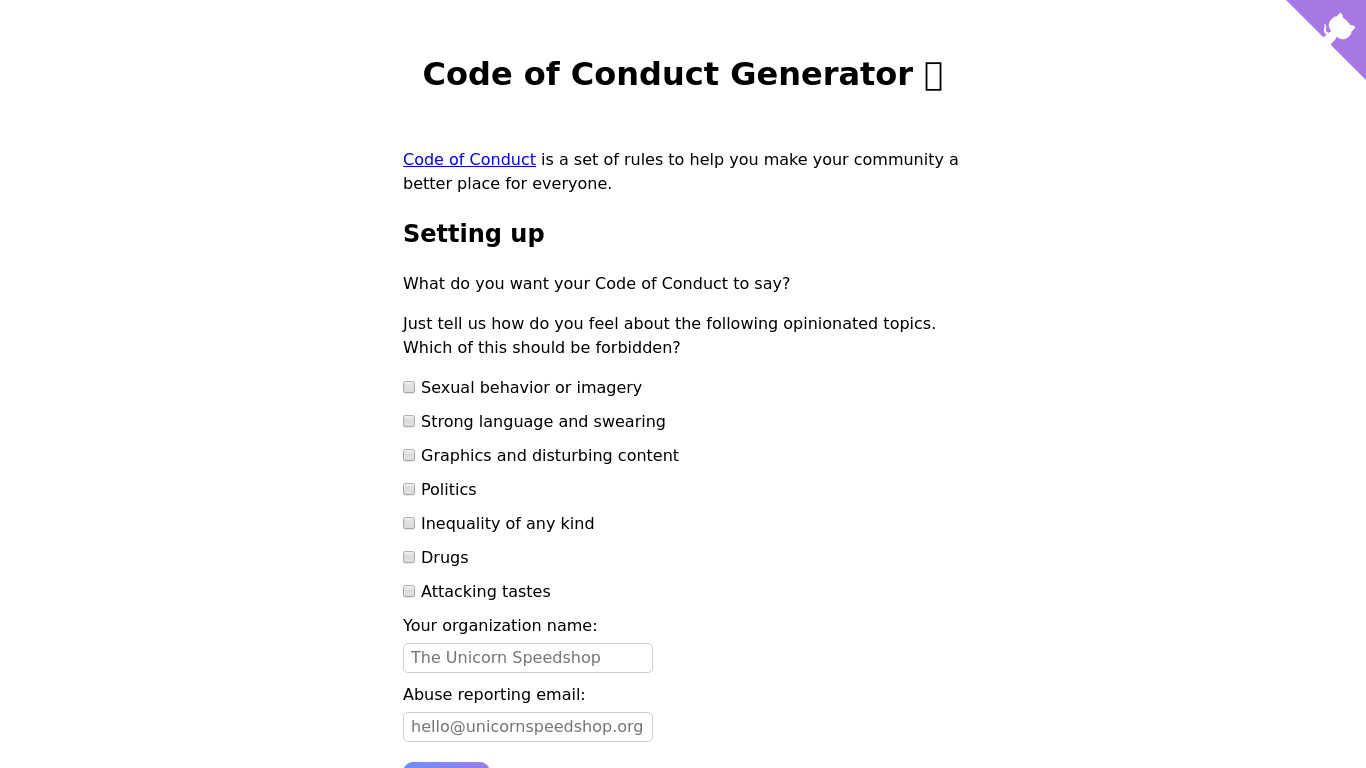 The Code of Conduct Generator Landing page