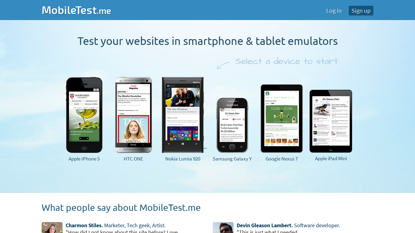 MobileTest.me Landing page