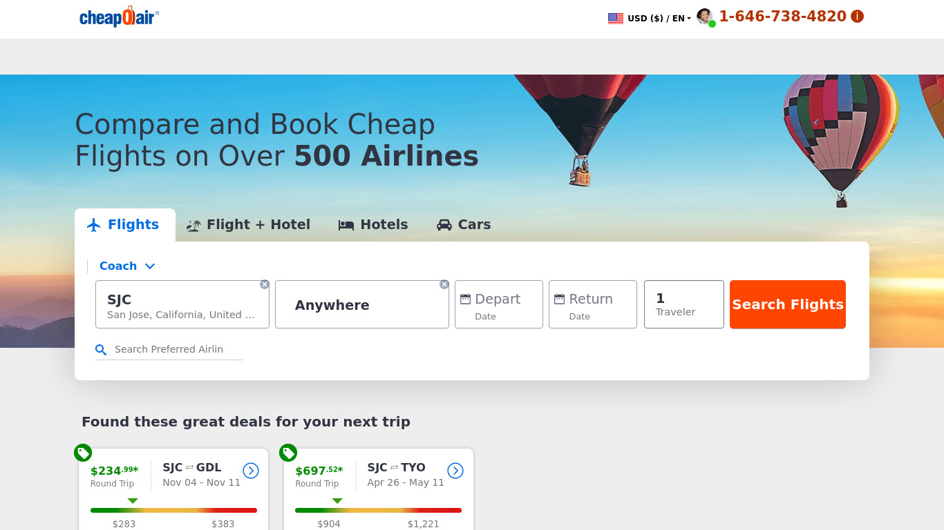 CheapOair Landing page