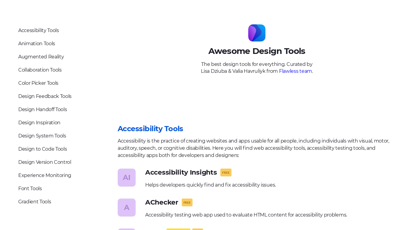 flawlessapp.io Awesome Design Tools Landing page