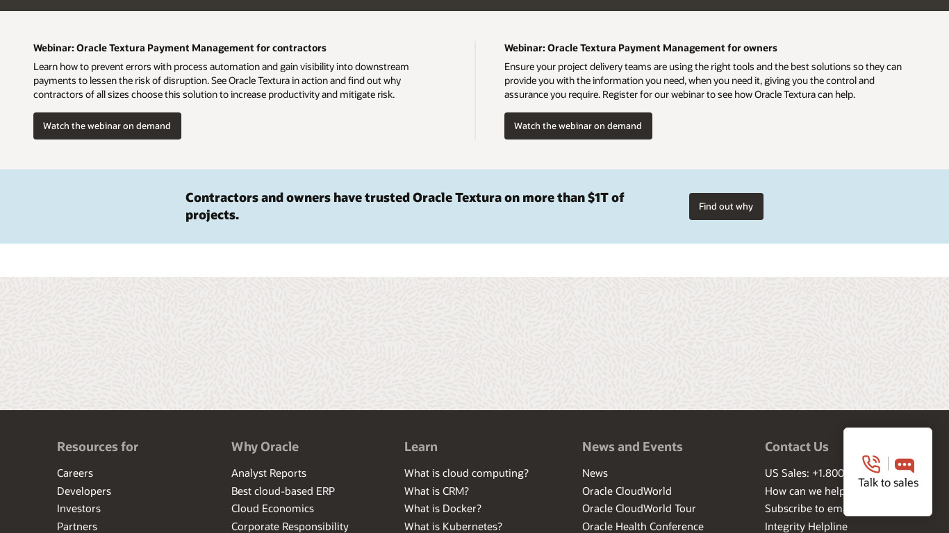 Oracle Textura Landing page