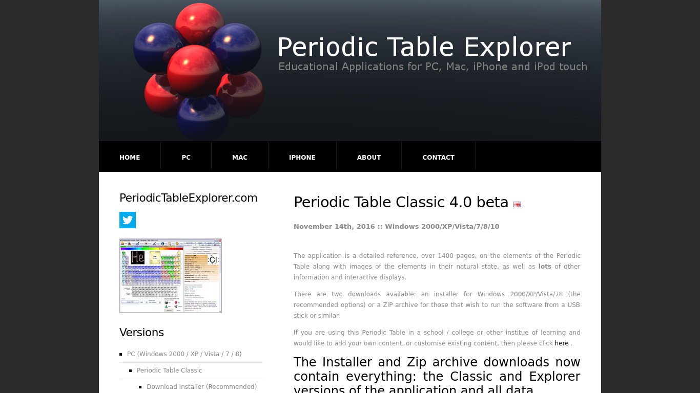 Periodic Table Classic Landing page