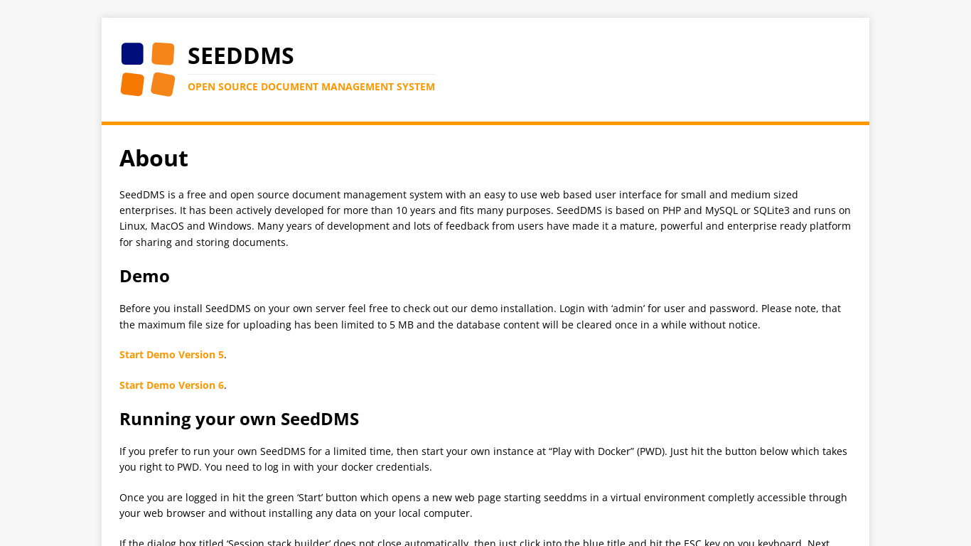 SeedDMS Landing page