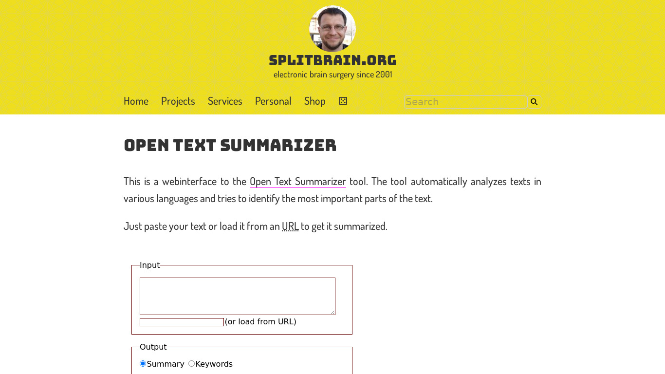 Open Text Summarizer online Landing page
