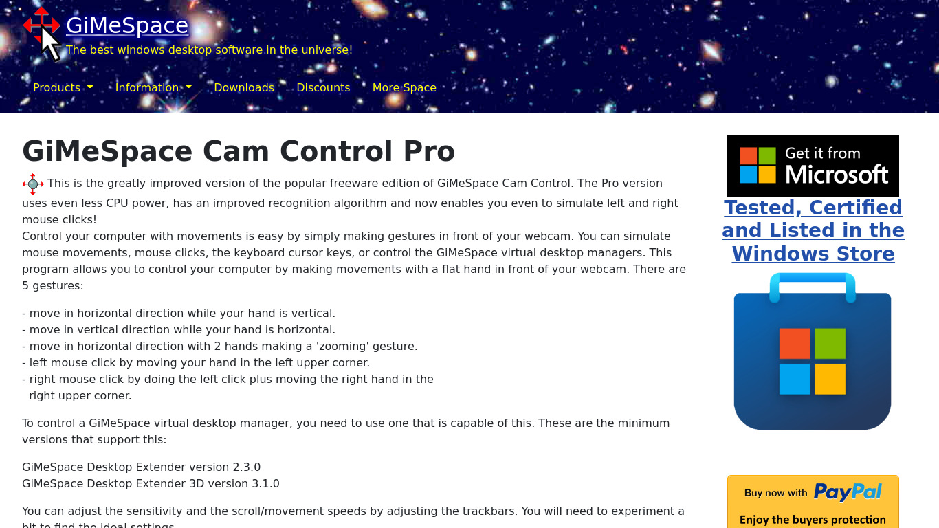 GiMeSpace Cam Control Landing page