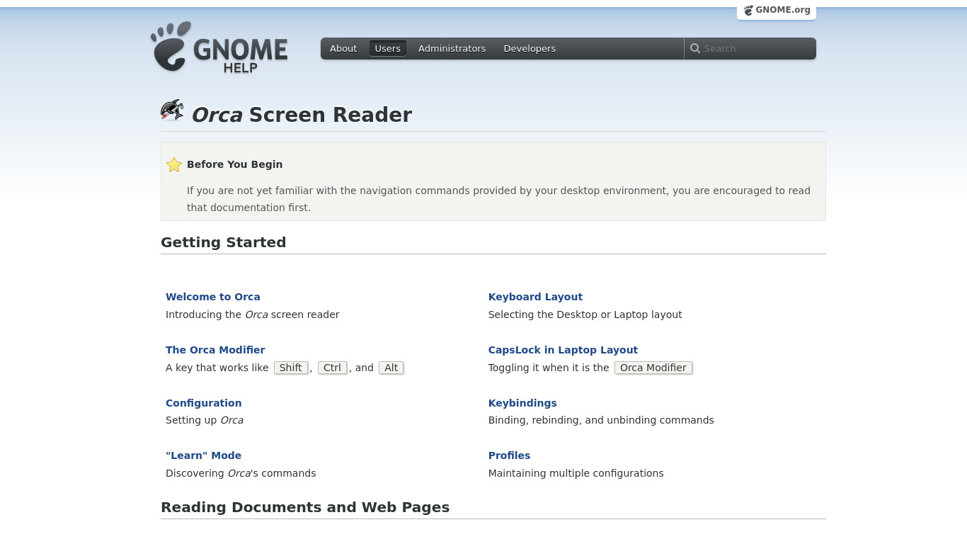 Orca Screen Reader Landing page