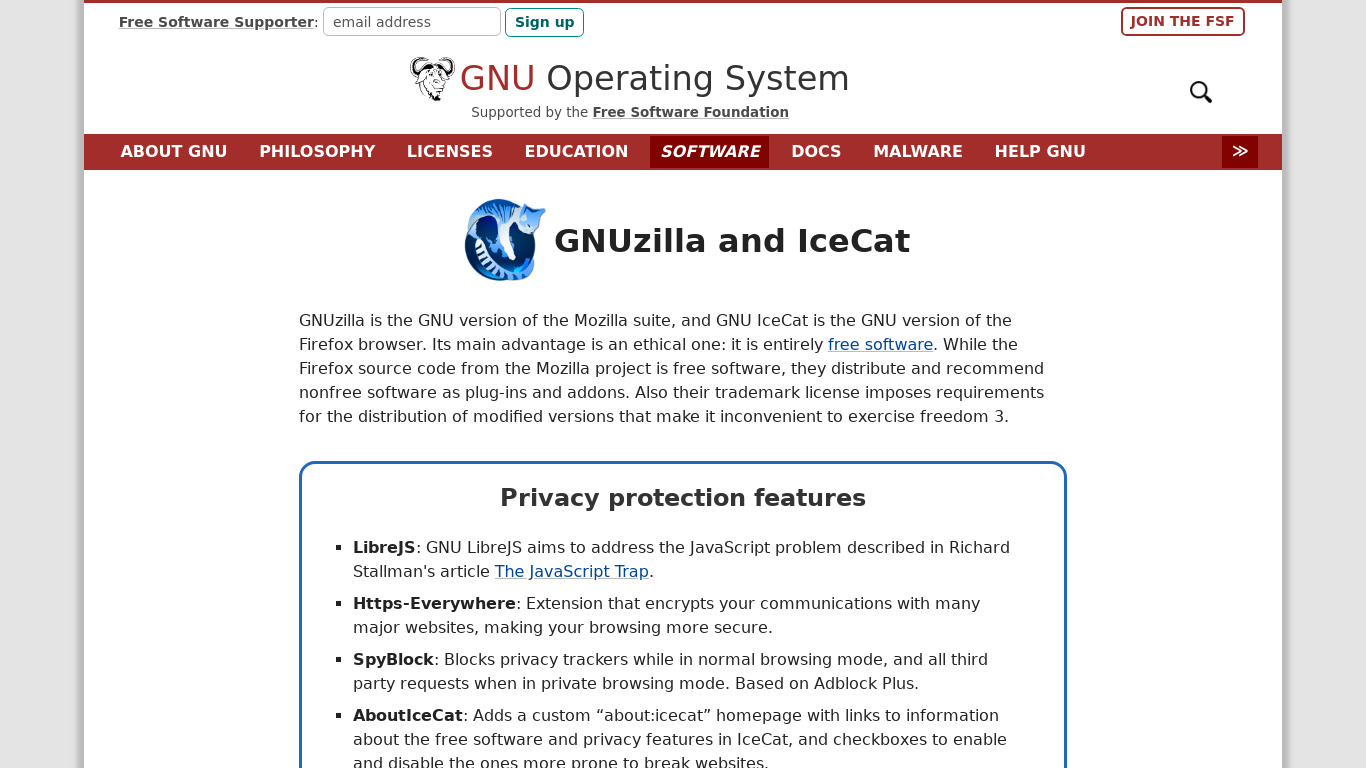 GNU IceCat Landing page