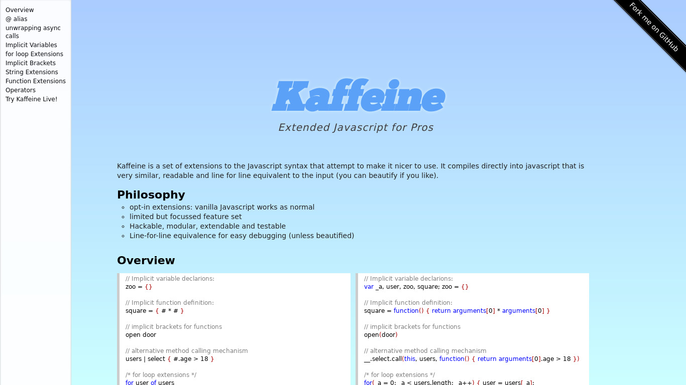 Kaffeine JS Landing page