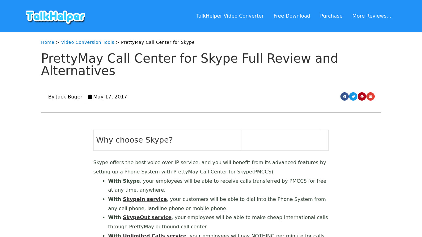 PrettyMay Call Center for Skype Landing page