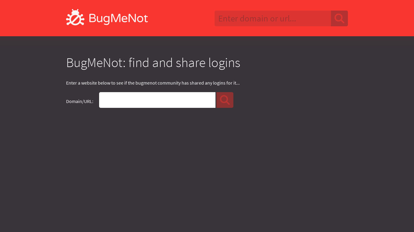 BugMeNot Landing page