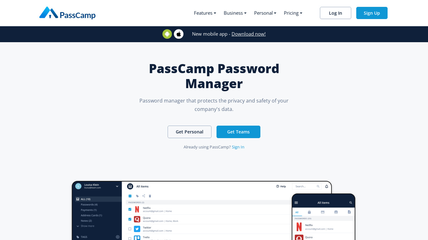 PassCamp Landing page