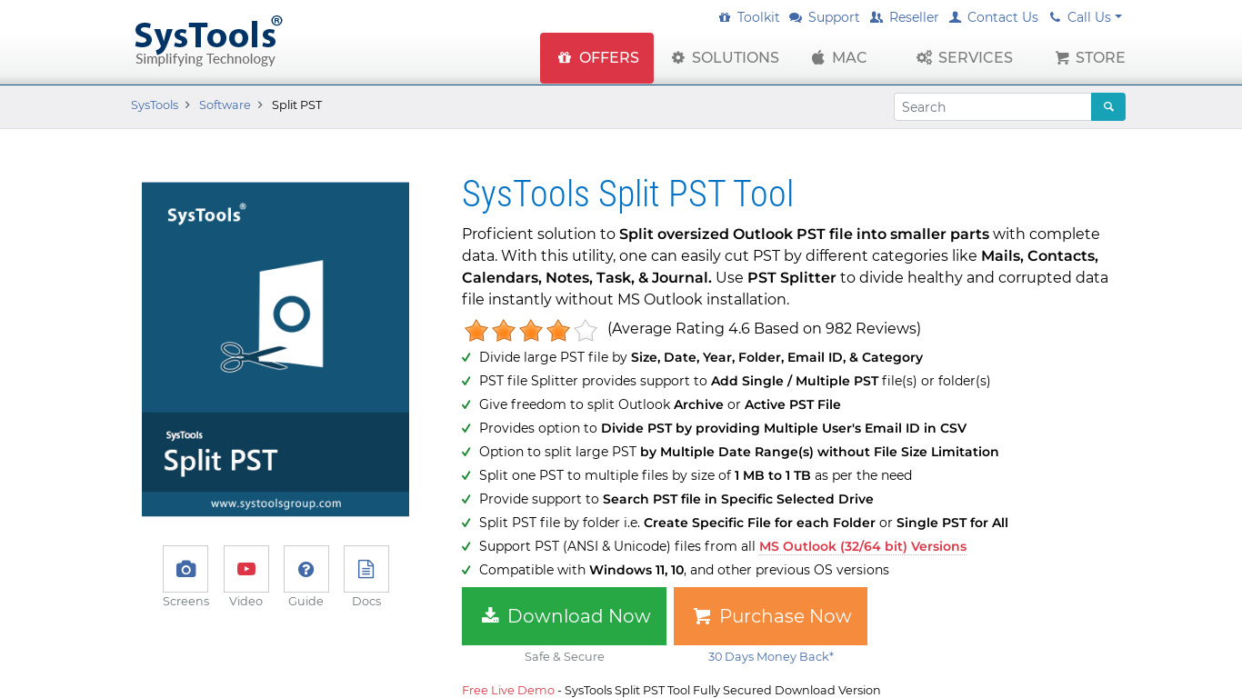 SysTools Split PST Landing page