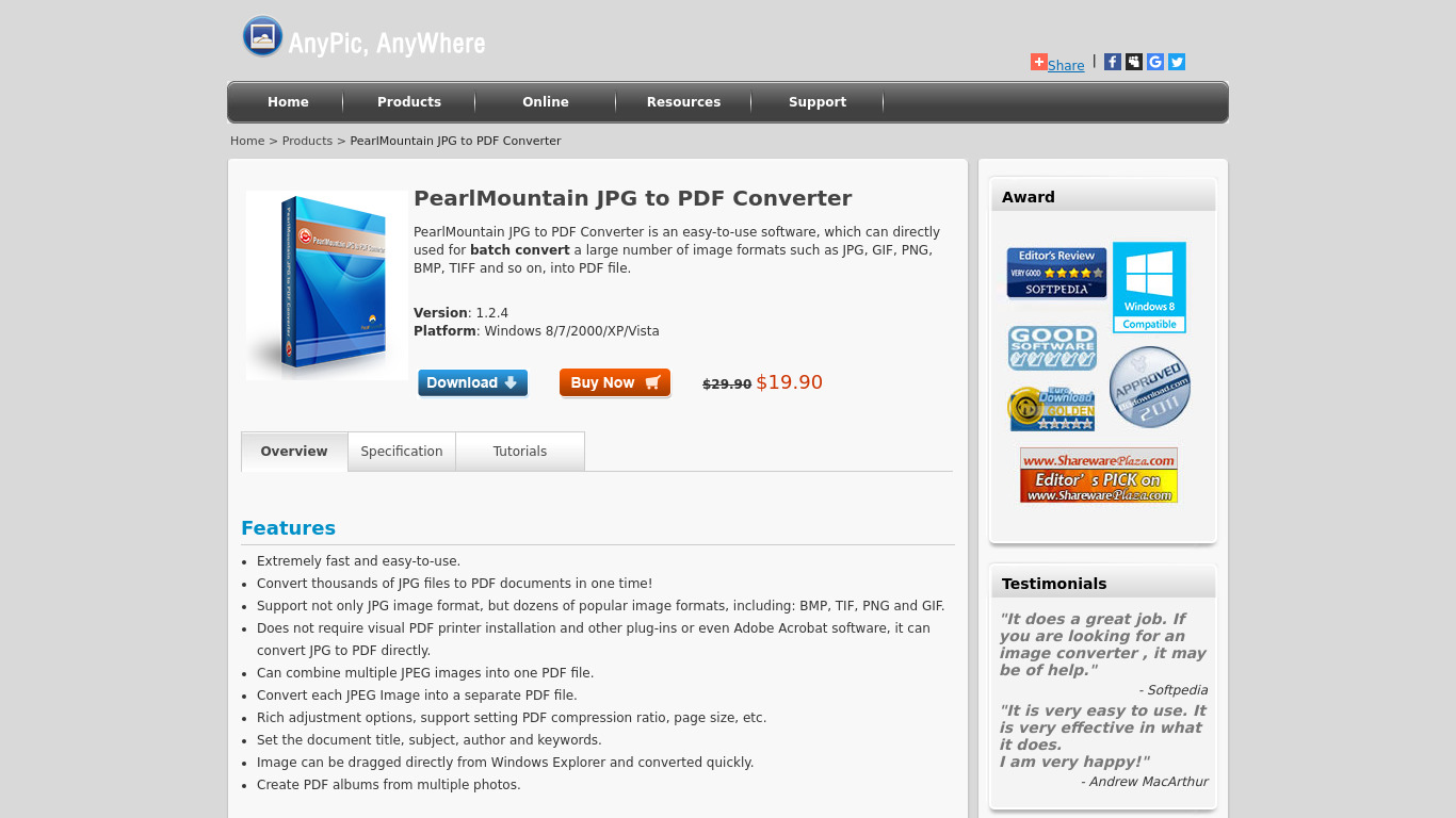 AnyPic JPG to PDF Converter Landing page