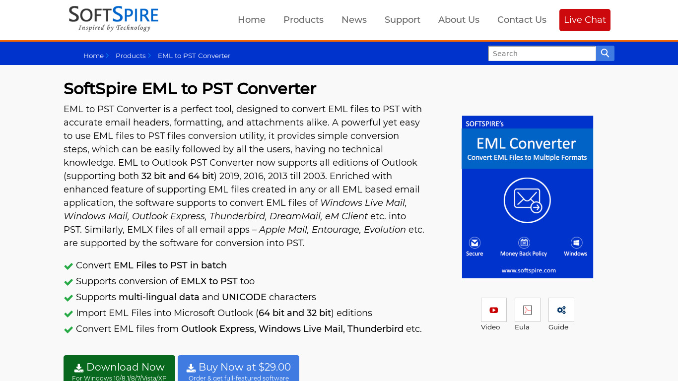 SoftSpire EML to PST Converter Landing page