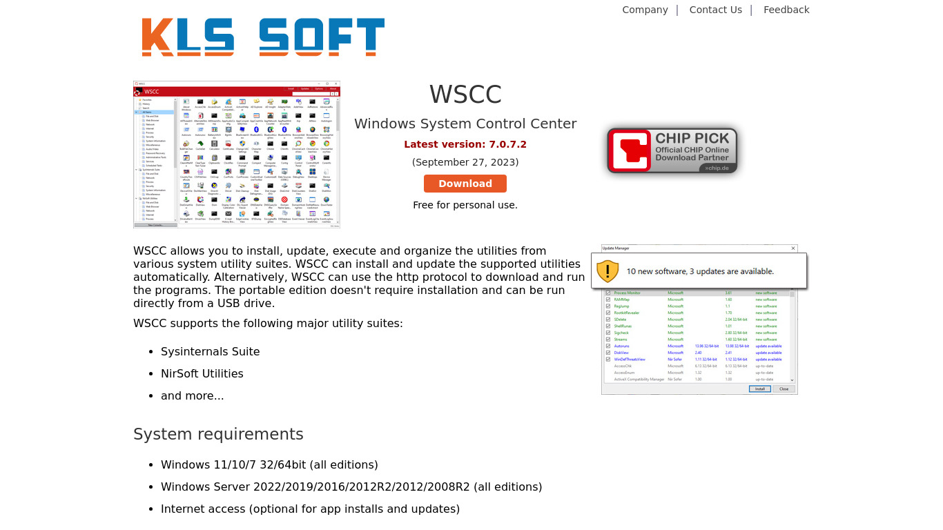Windows System Control Center Landing page