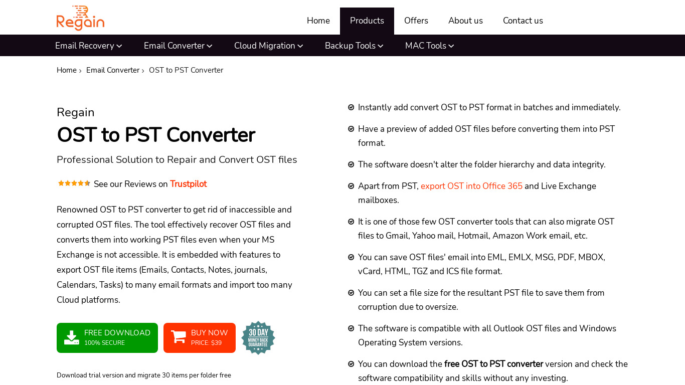 Regain OST Converter Tool Landing page