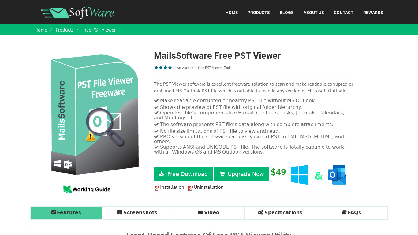 MailsSoftware Free PST Viewer Tool Landing page