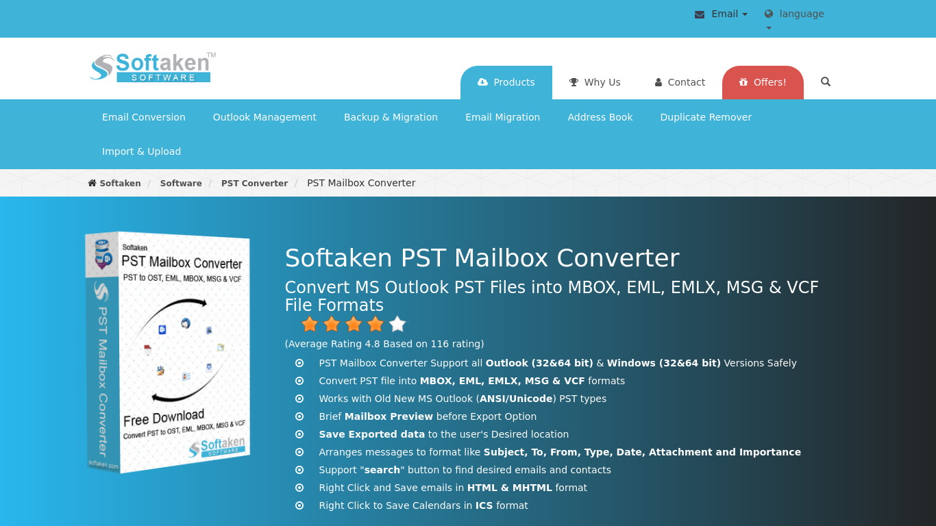 Softaken PST Mailbox Converter Landing page