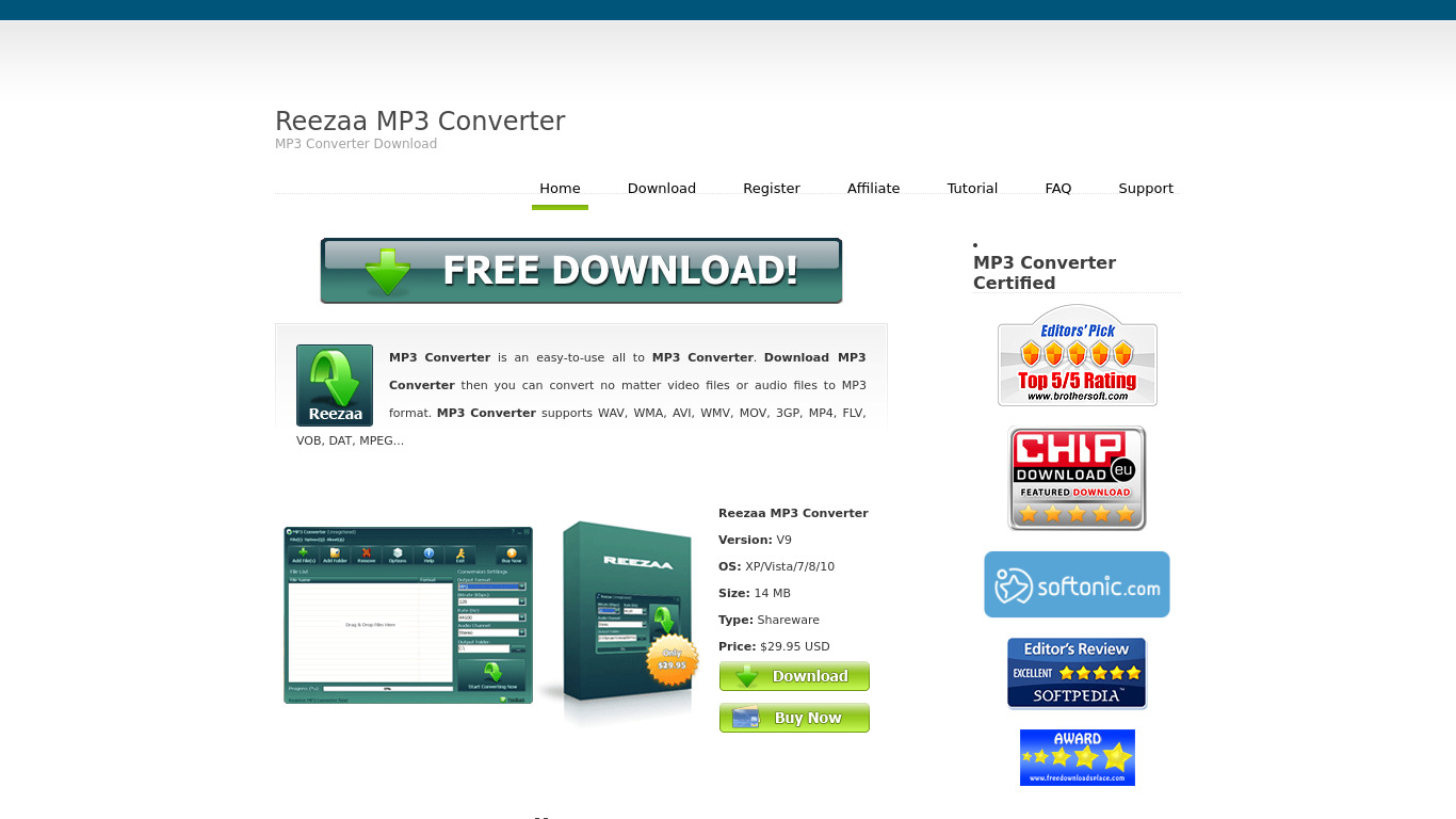 Reezaa MP3 Converter Landing page