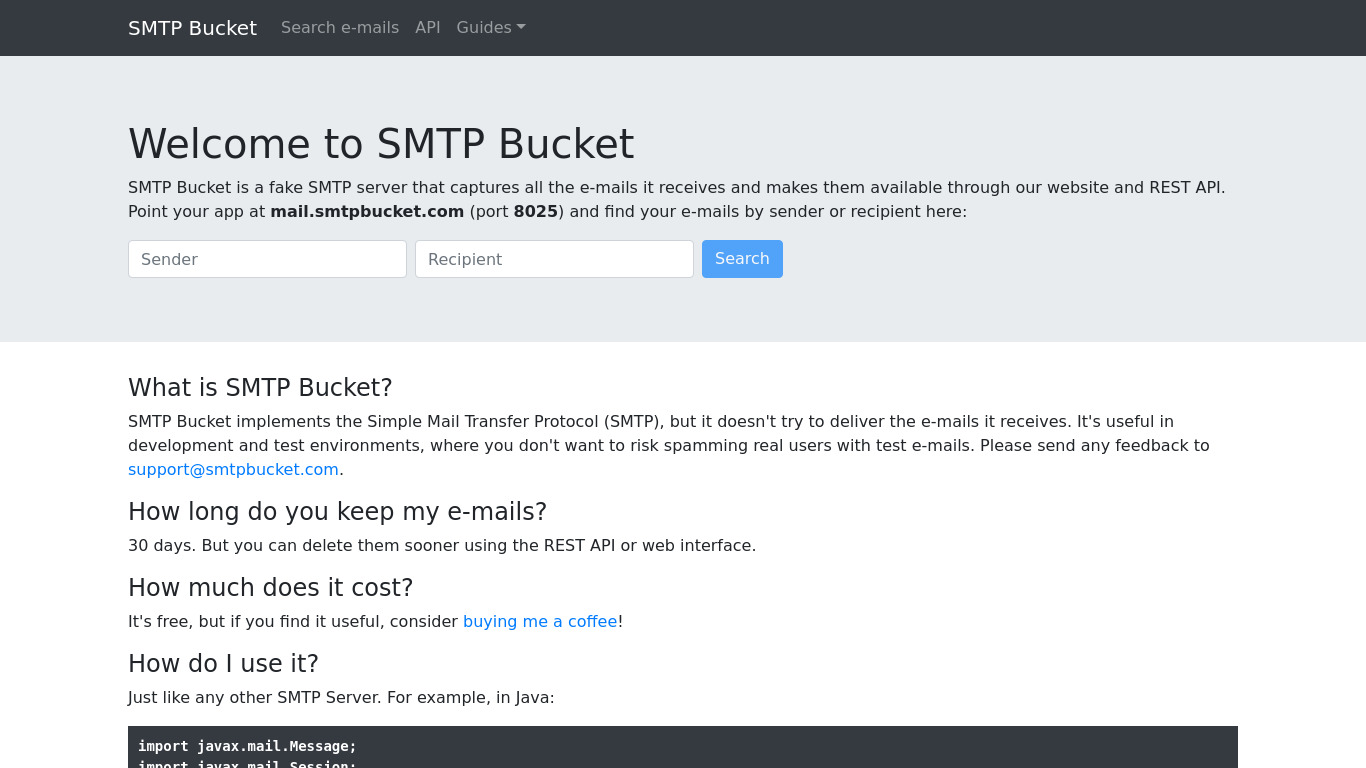 SMTP Bucket Landing page