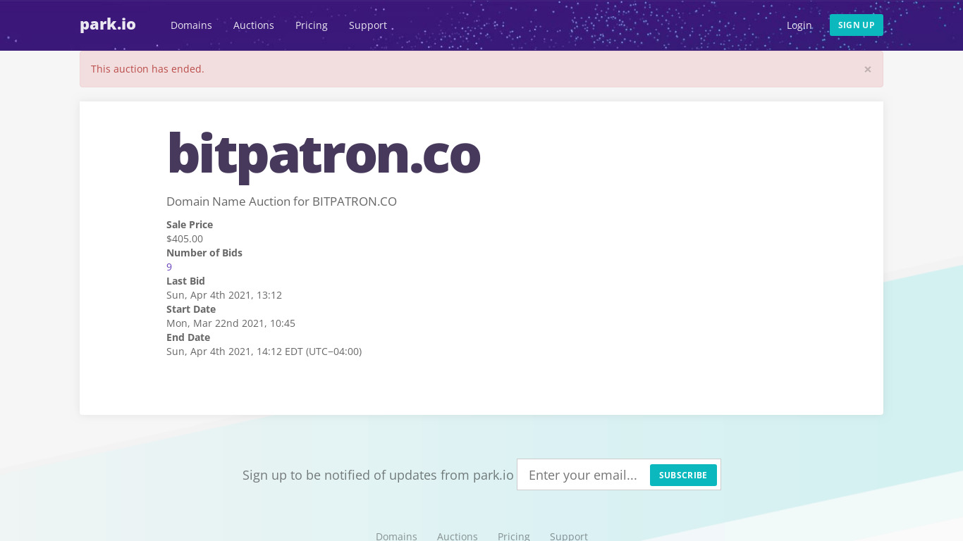 park.io BitPatron Landing page