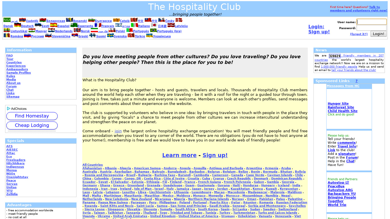 Hospitality Club Landing page