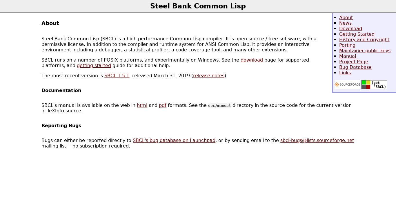 Steel Bank Common Lisp Landing page