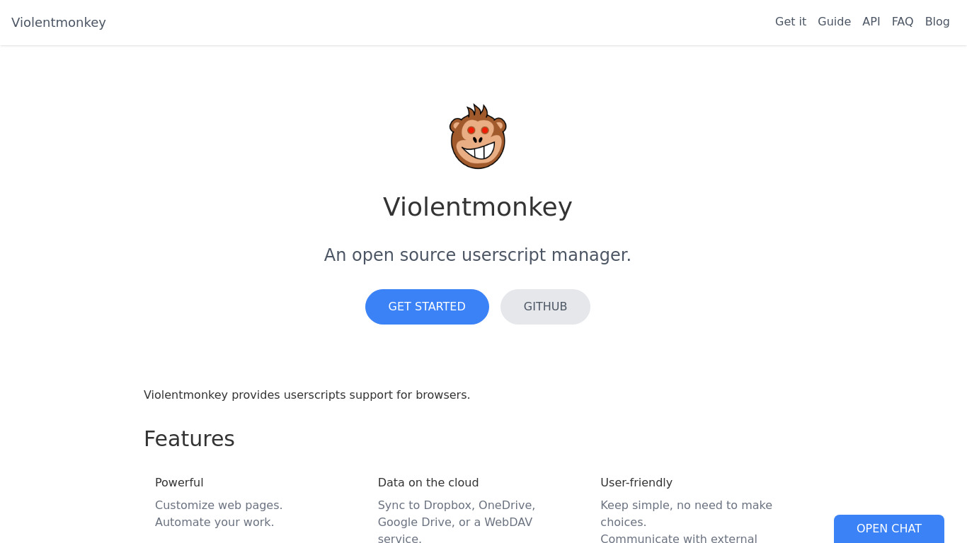 Violentmonkey Landing page