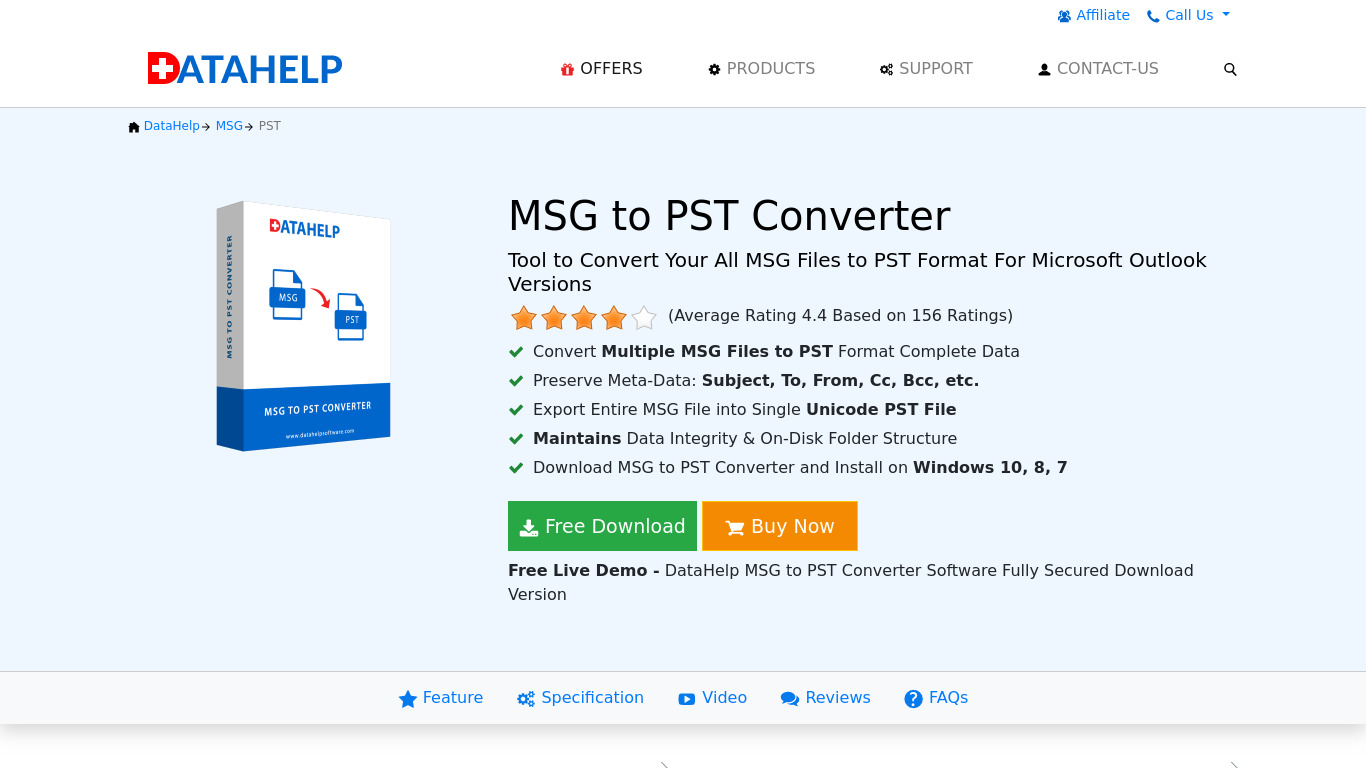 DataHelp MSG to PST Converter Landing page