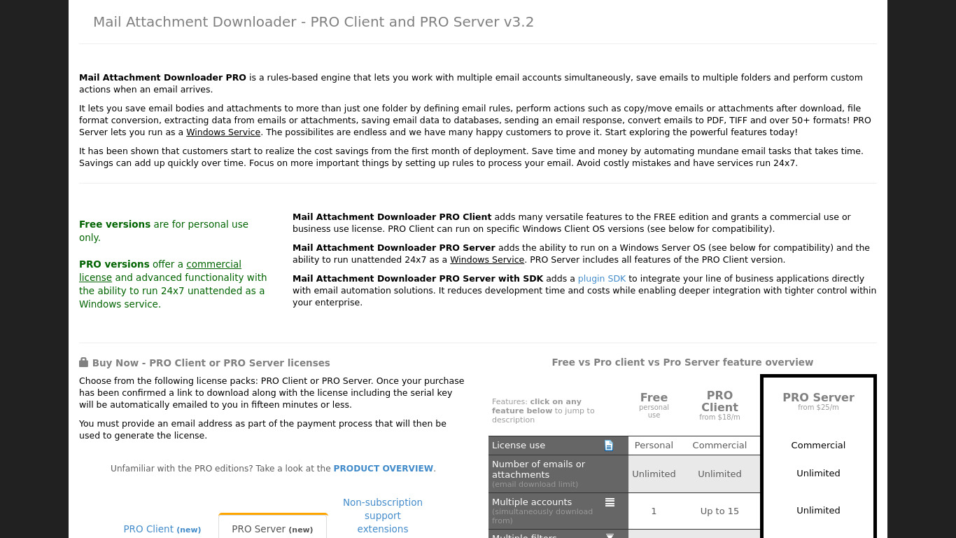 Mail Attachment Downloader PRO Server Landing page