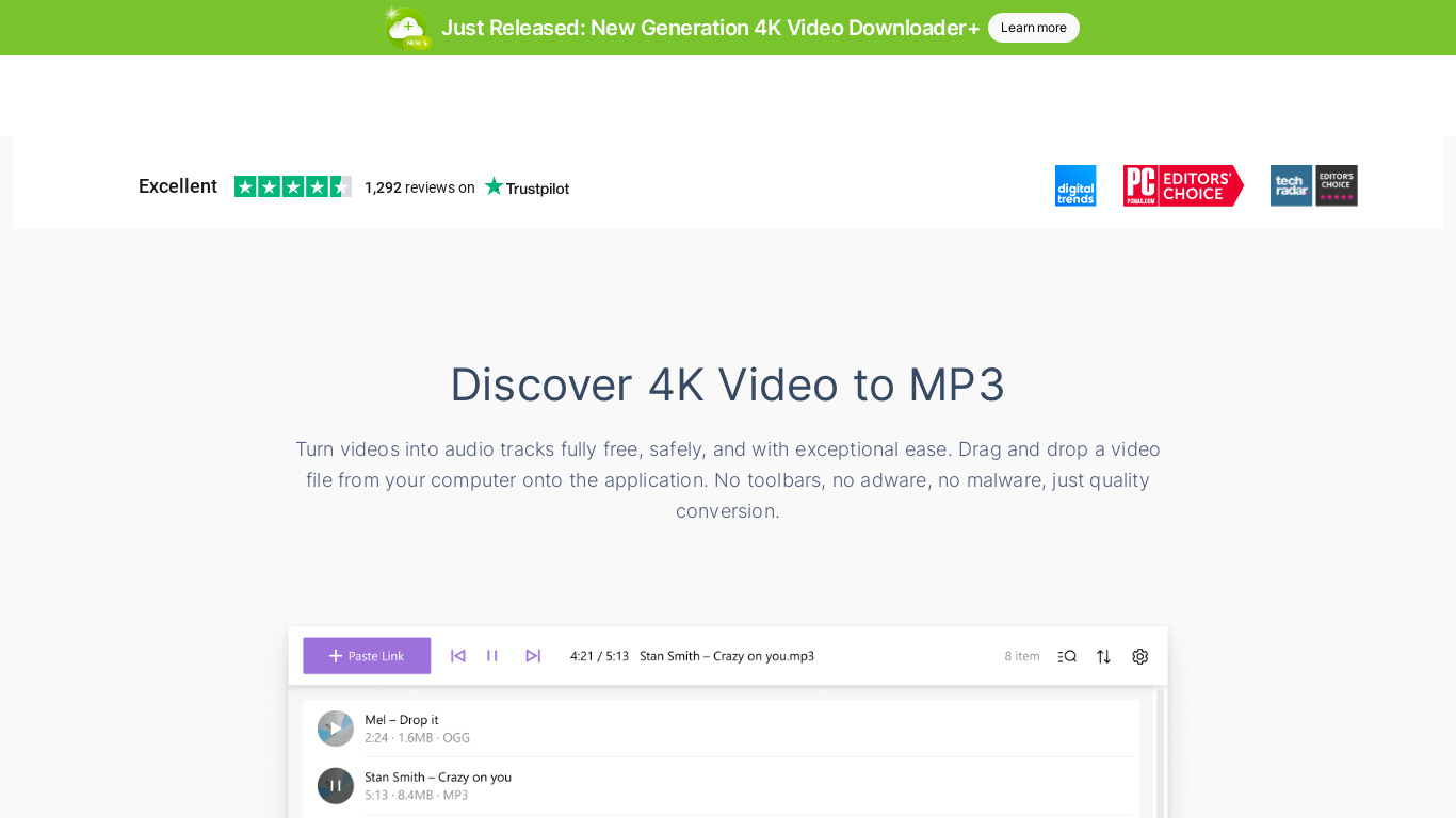 4K Video to MP3 Landing page