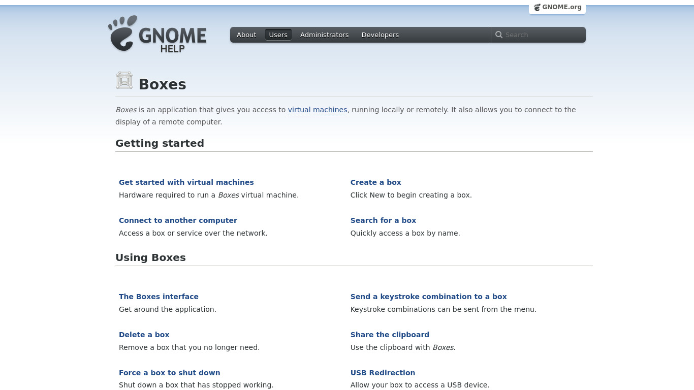 Gnome Boxes Landing page