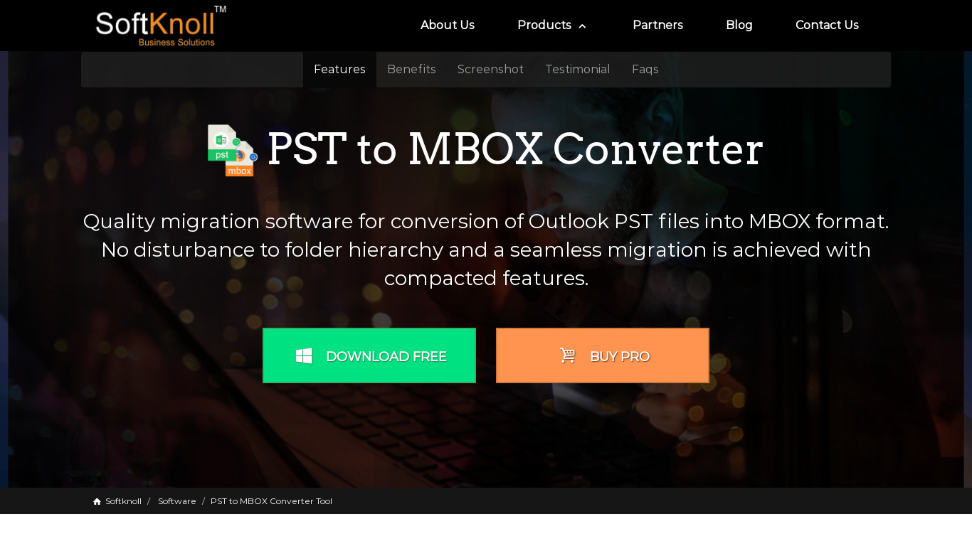 Softknoll PST to MBOX Converter Landing page