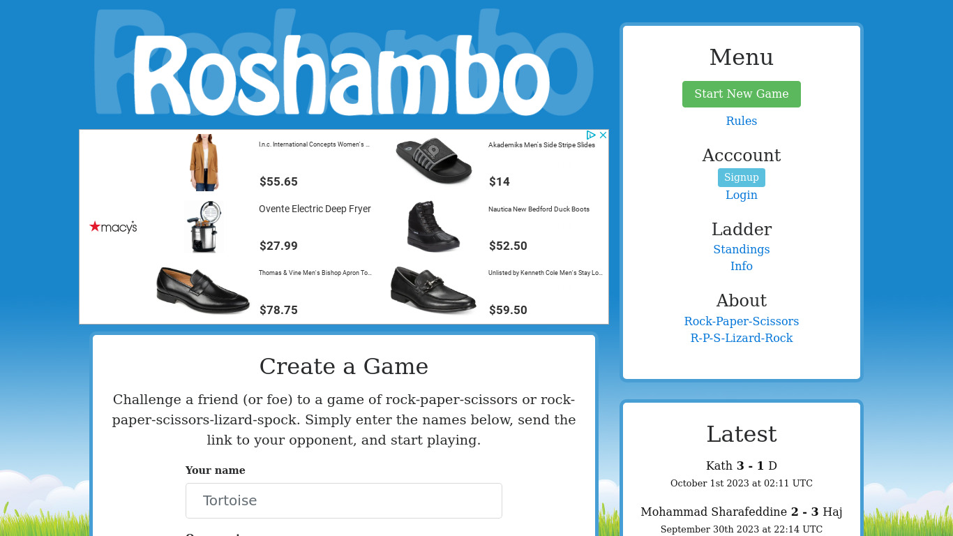 Roshambo.me Landing page