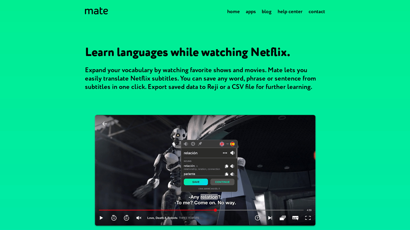 Mate Translate for Netflix Landing page