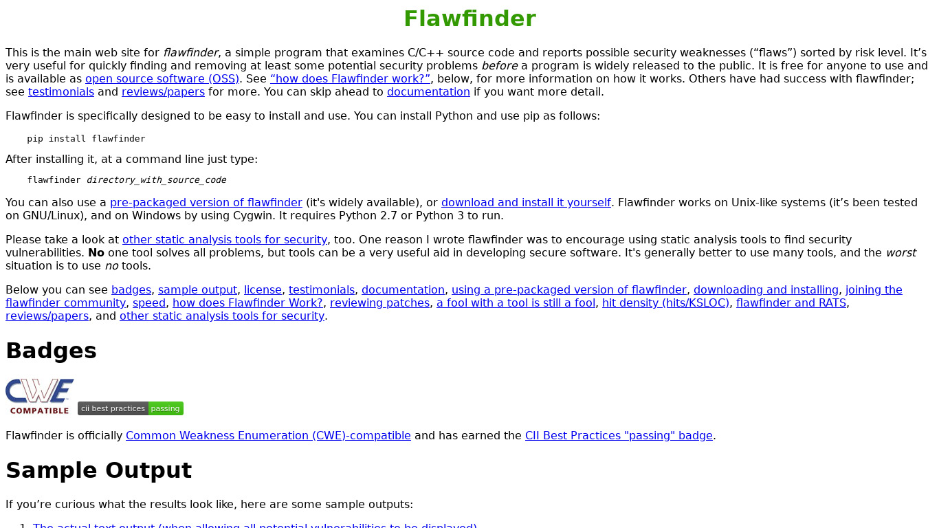 Flawfinder Landing page