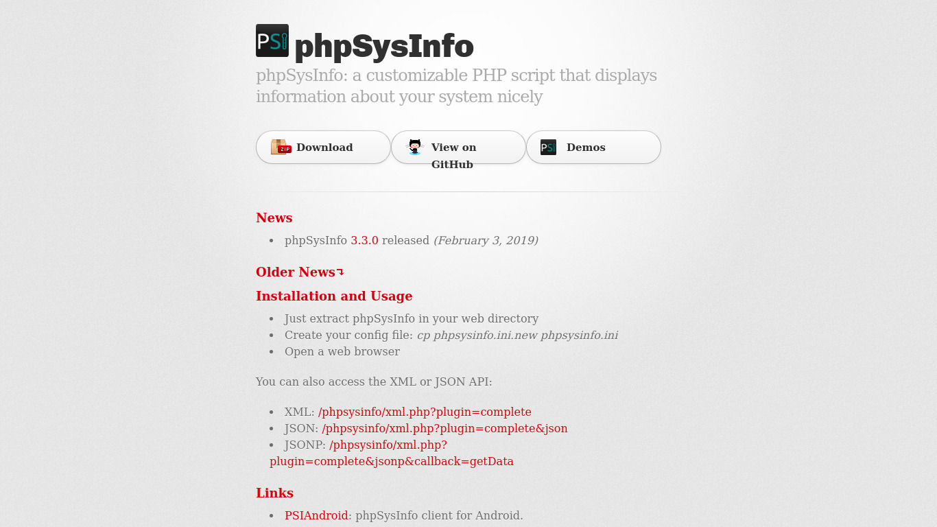 PhpSysInfo Landing page