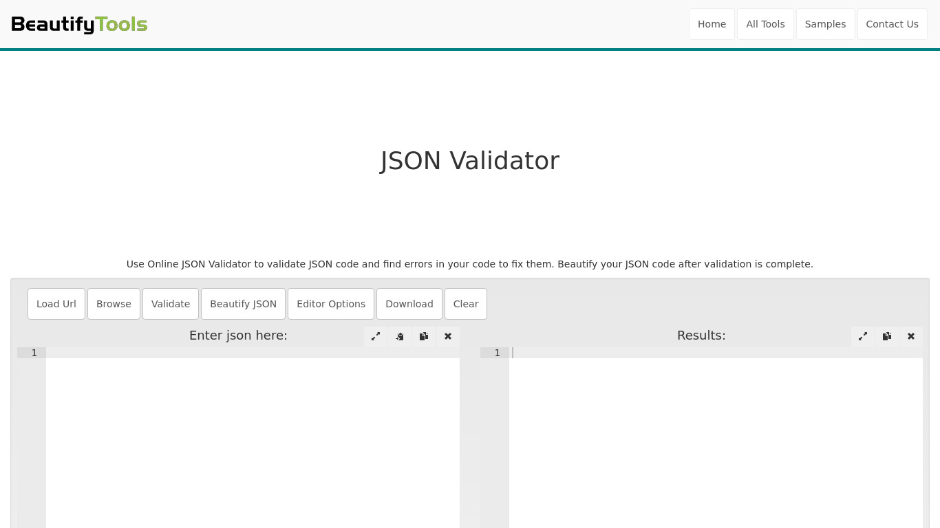 BeautifyTools JSON Validator Landing page