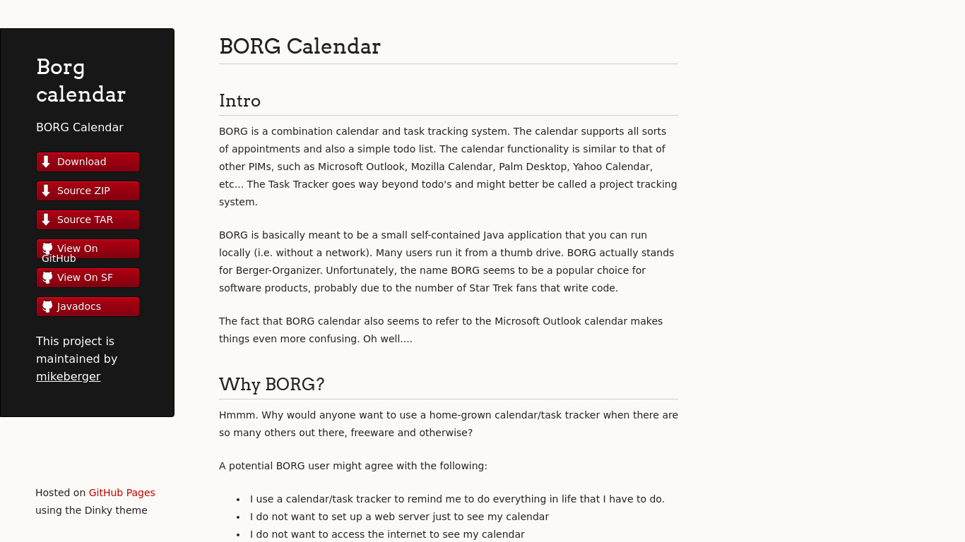mikeberger.github.io BORG Calendar Landing page