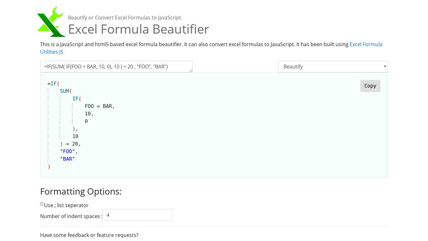 Excel Formula Beautifier Landing page