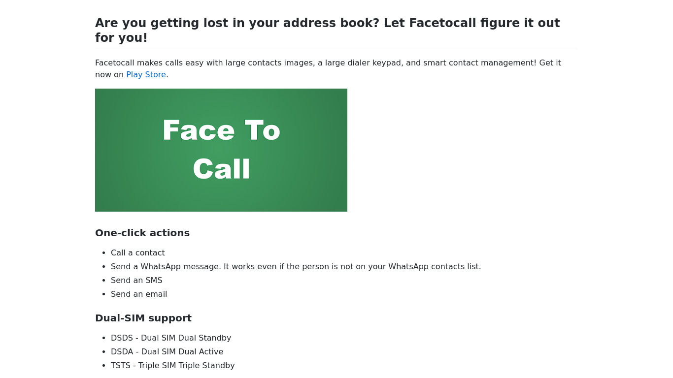 FaceToCall Landing page