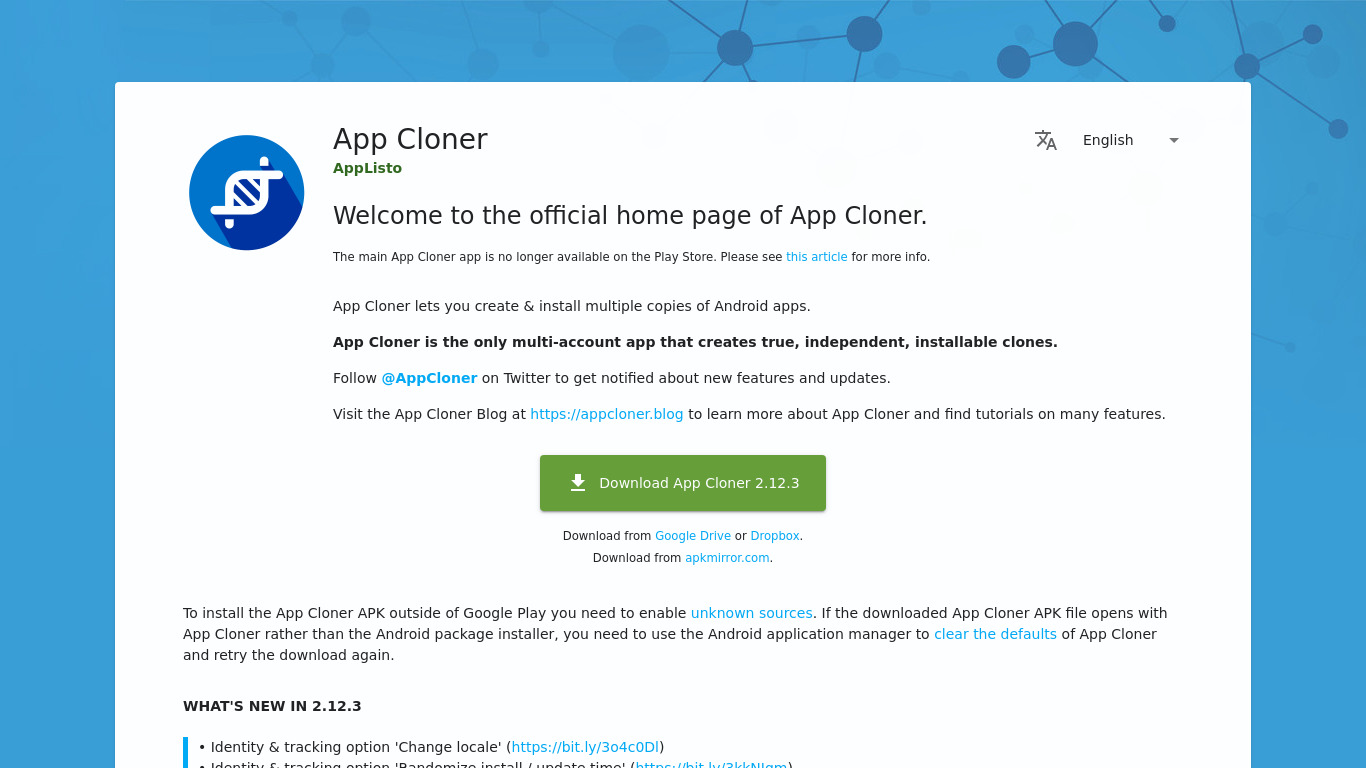 App Cloner Landing page