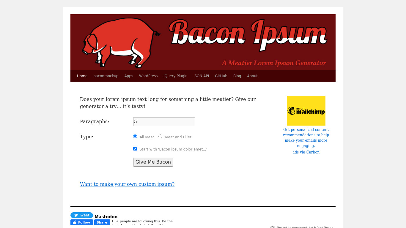 Bacon Ipsum Landing page