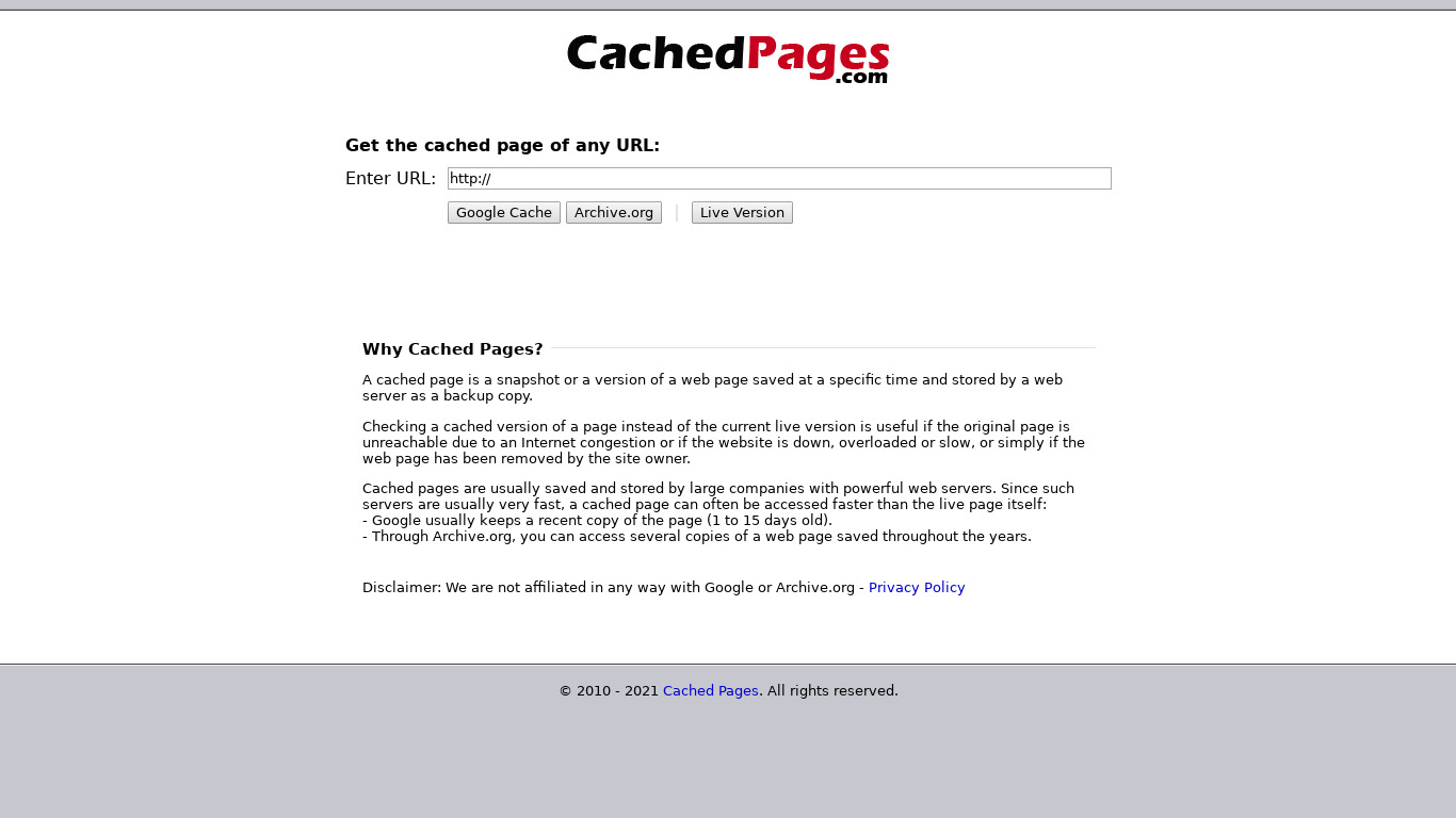Cached Pages Landing page