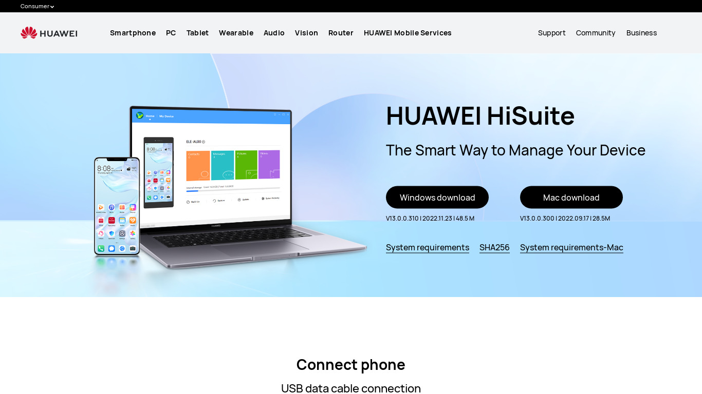 HUAWEI HiSuite Landing page