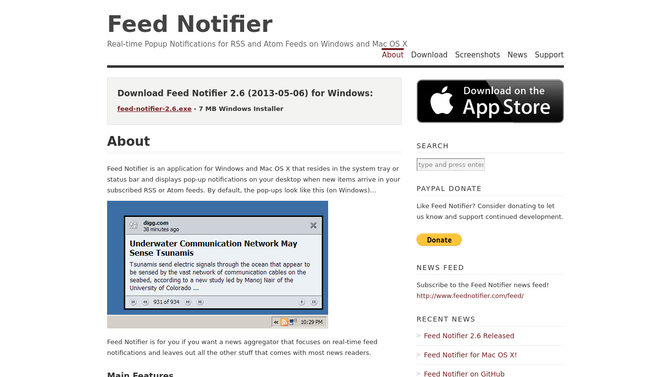 Feed Notifier Landing page