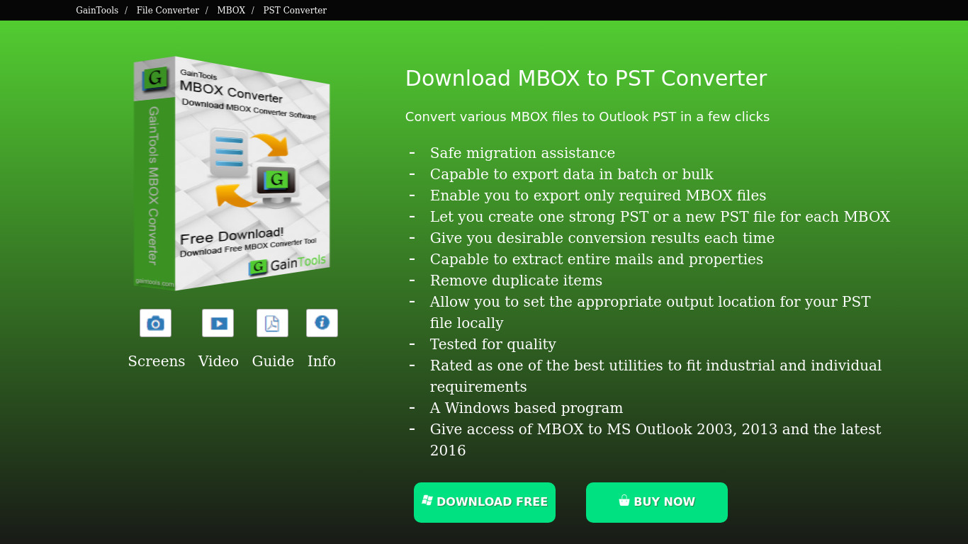 GainTools MBOX to PST Converter Landing page