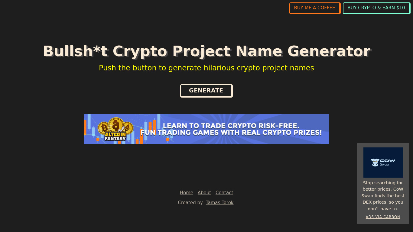 Crypto Project Name Generator Landing page