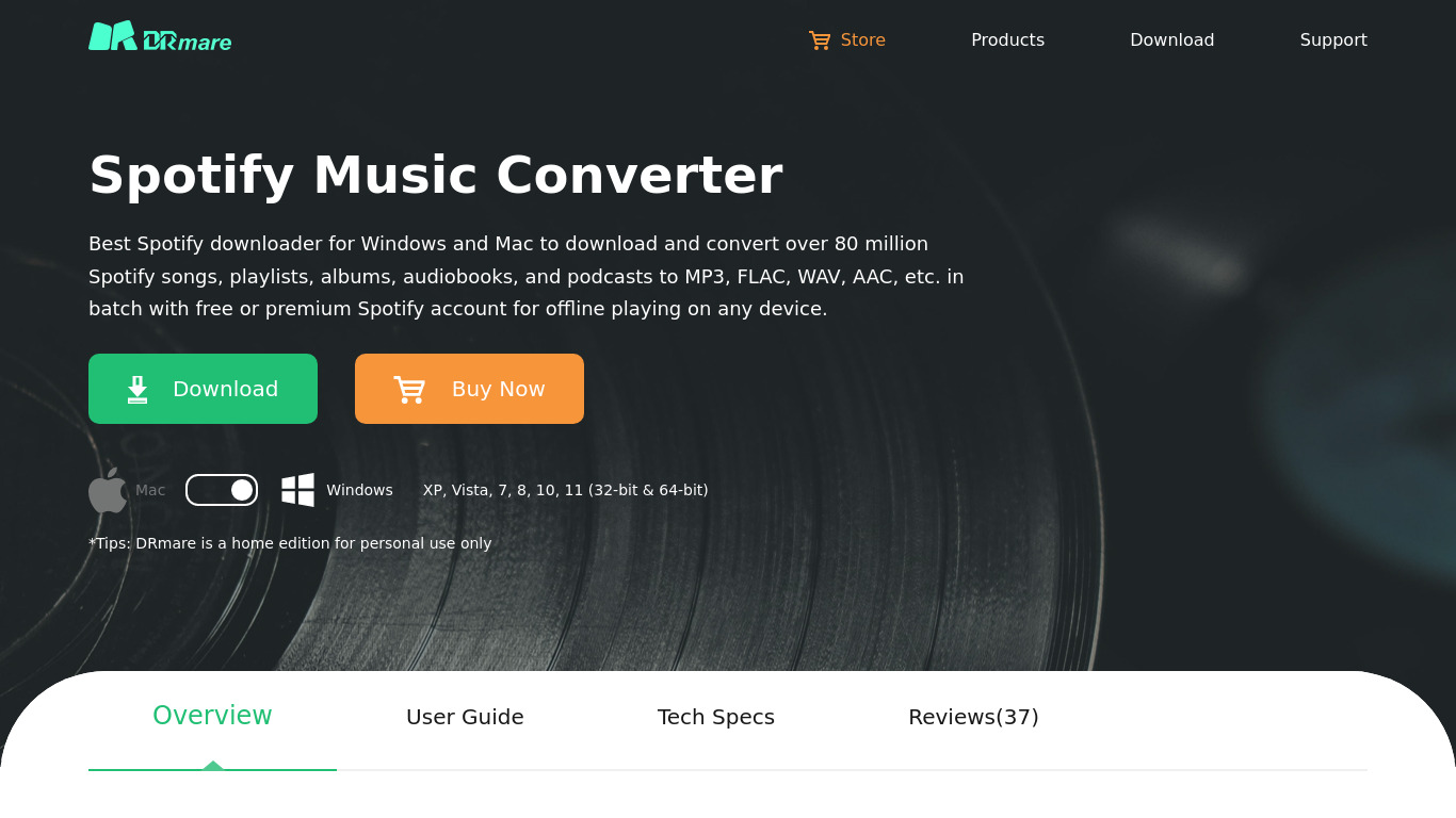 DRmare Spotify Music Converter Landing page